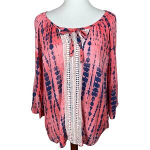 Como Vintage Flowy Pink and Blue Tie Dye Blouse with Crochet Detail Size L
